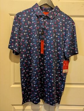REDVANLY Leone Midnight Navy Abstract Floral Performance Golf Polo Short Size L